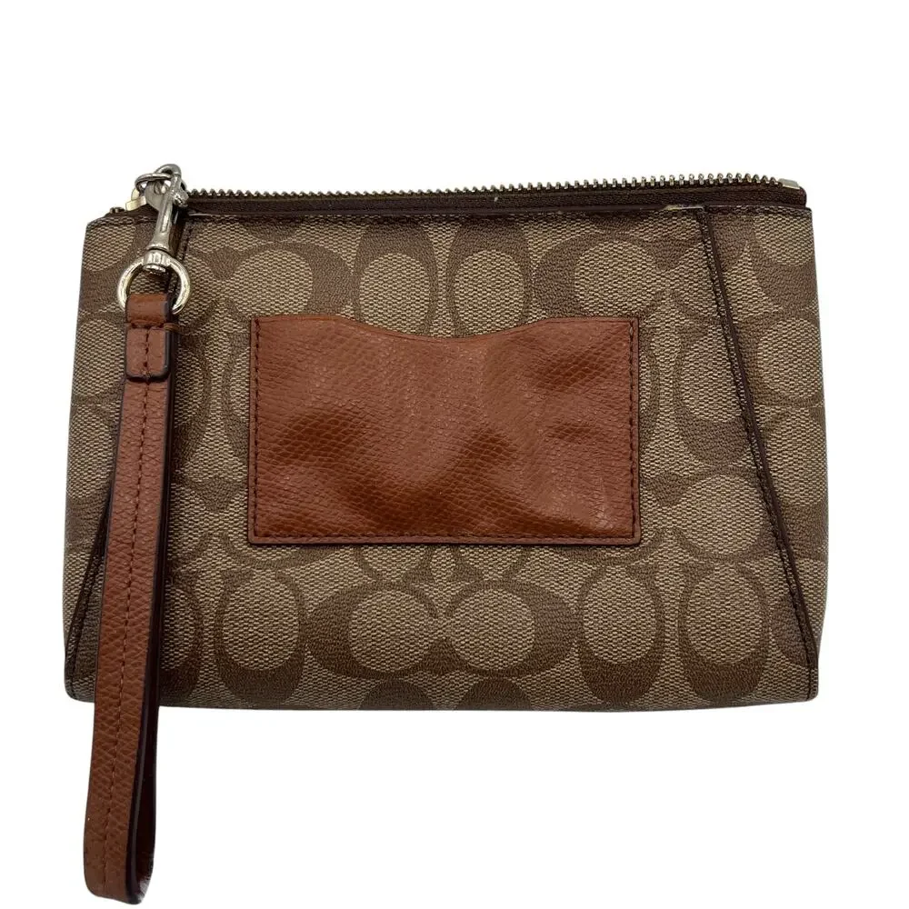 Coach Signature Monogram Brown Zip Pouch Morgan Canvas Wristlet Retro F65060